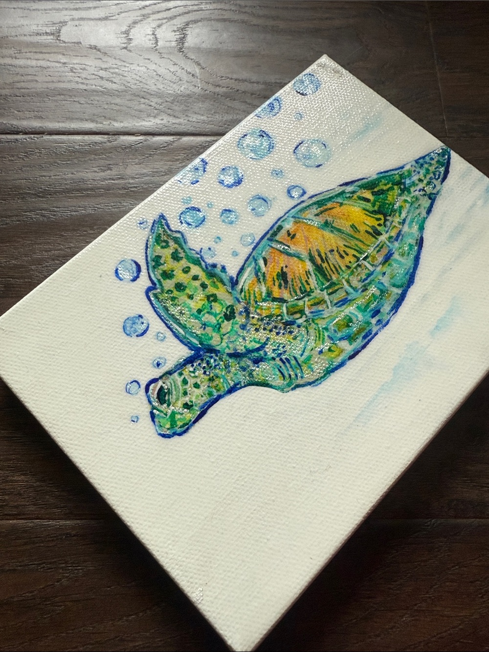 Hand-Painted Sea Turtle Canvas Art with silver lining